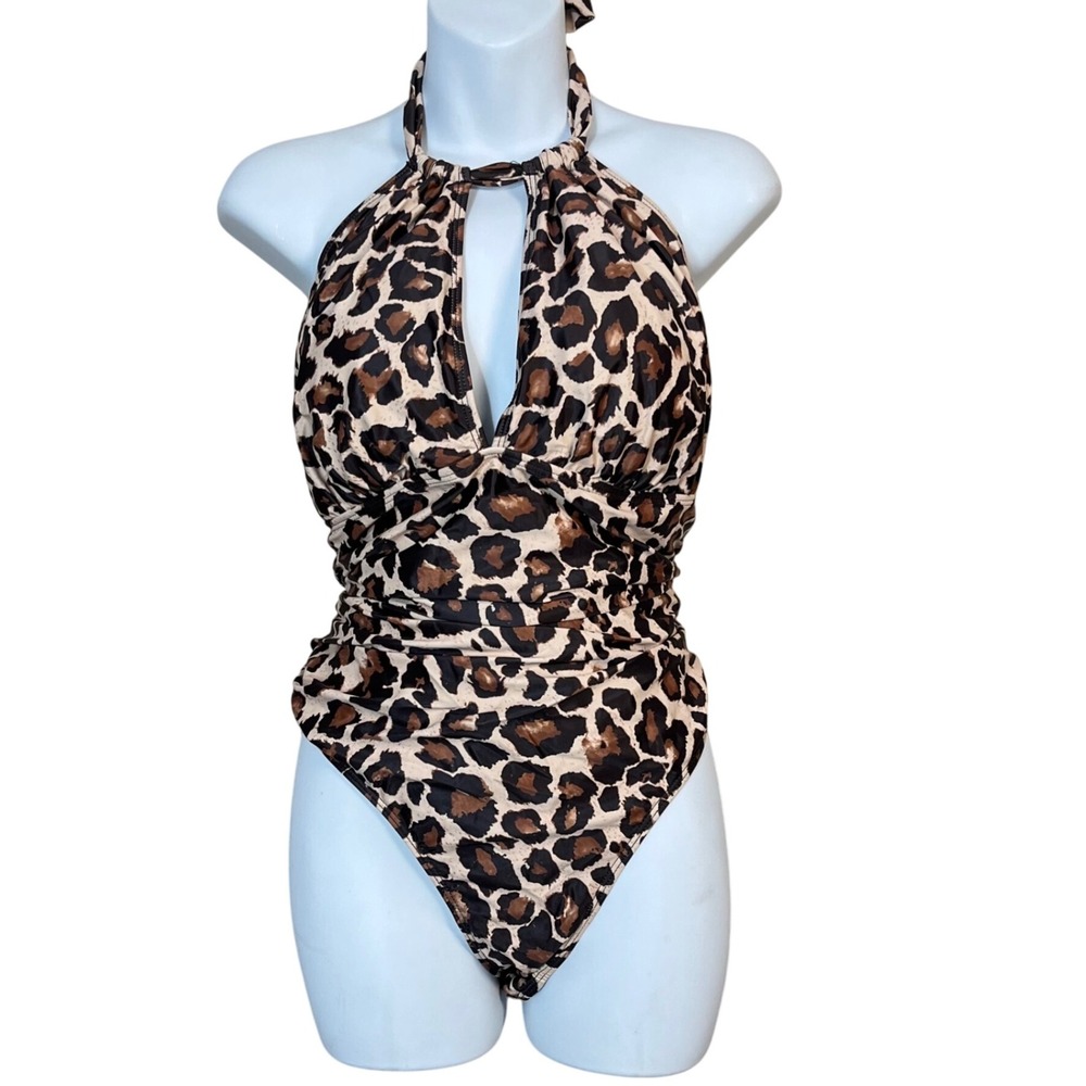 Aqua Eve Leopard Print Deep V Halter One Piece Swimsuit Size‎ 18W NEW